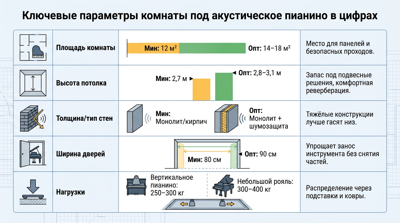 Ключевые параметры комнаты под акустическое пианино 